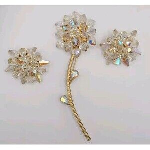 Vintage Alice Caviness Aurora Borealis Crystal Bead Flower Brooch Earring Set